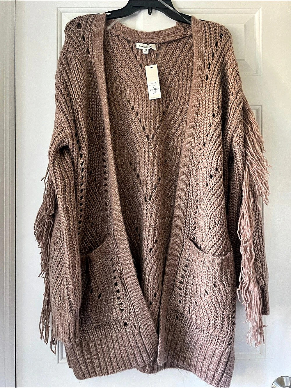 Francesca's Fringe Cardigan Knit Fringe Brown Medium